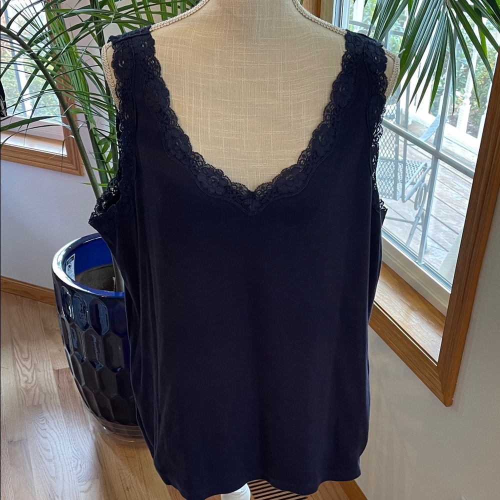 Karen Scott Navy Blue Lace Trim Top